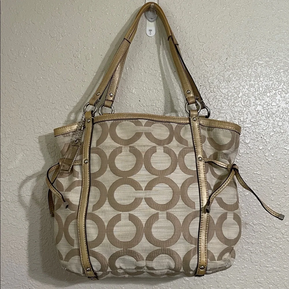 Coach Audrey OP Art Shantung Cinched Tote with gold leather trim